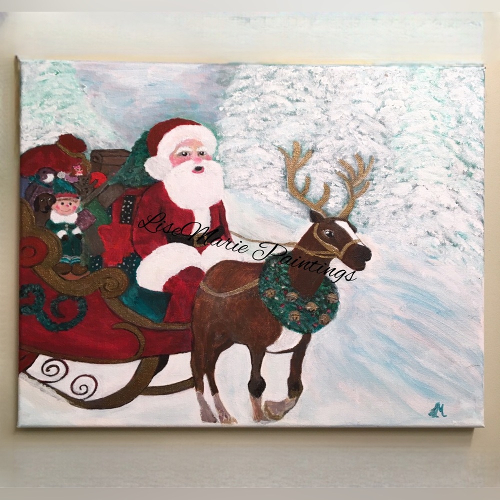 Festive Santa and Reindeer Original Painting